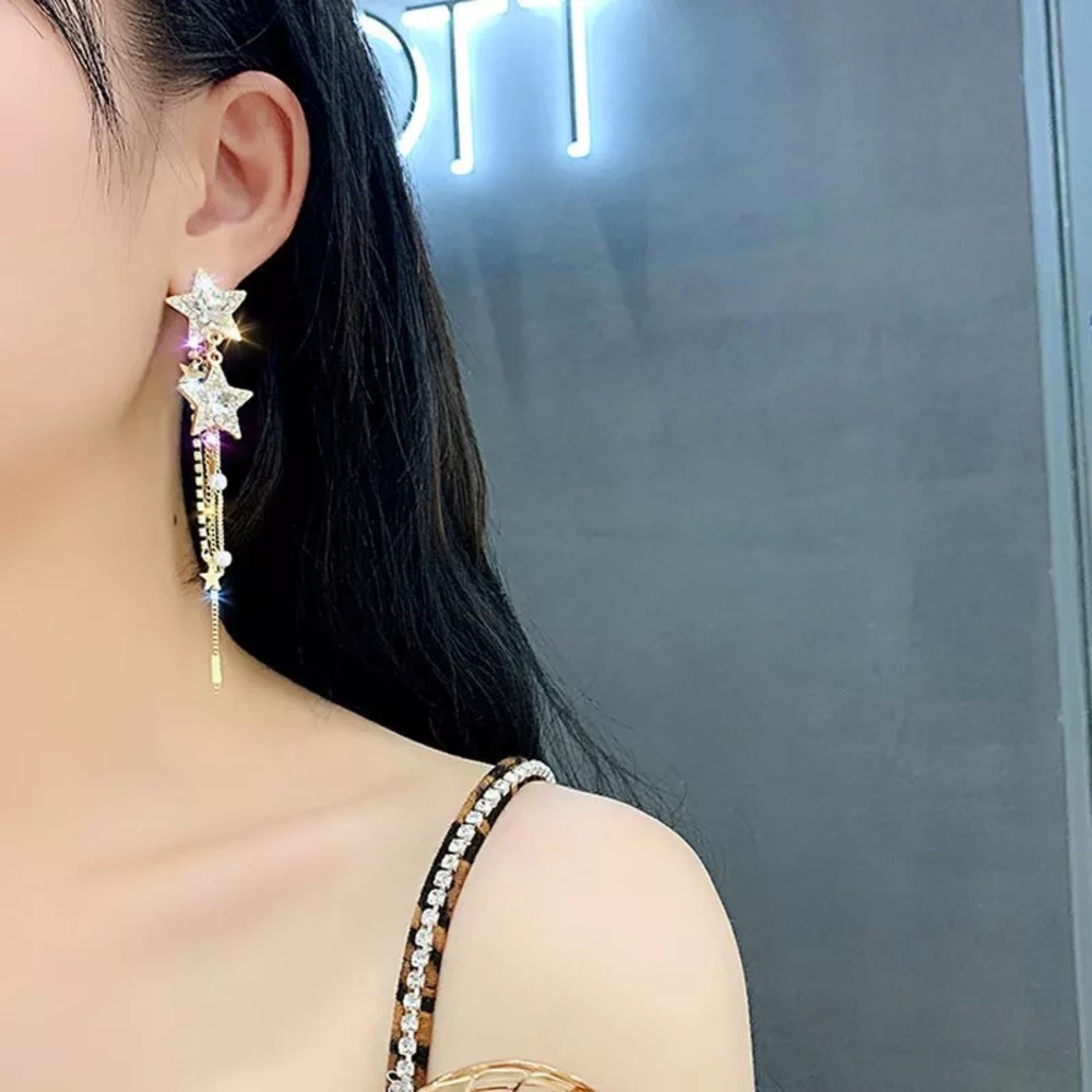 🌺Shiny Star Long Tassel crystal Drop earring - Picture 8 of 16
